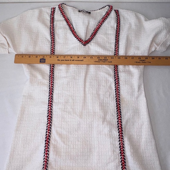 Zara TRF White Textured V-Neck Tunic Dress Braided Trim Red Navy Blue Small - Picture 4 of 10